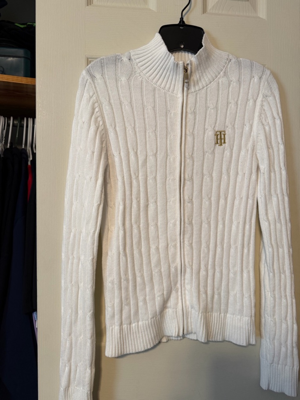 Tommy Hilfiger Cream Cable-Knit Zip Front Turtleneck Sweater